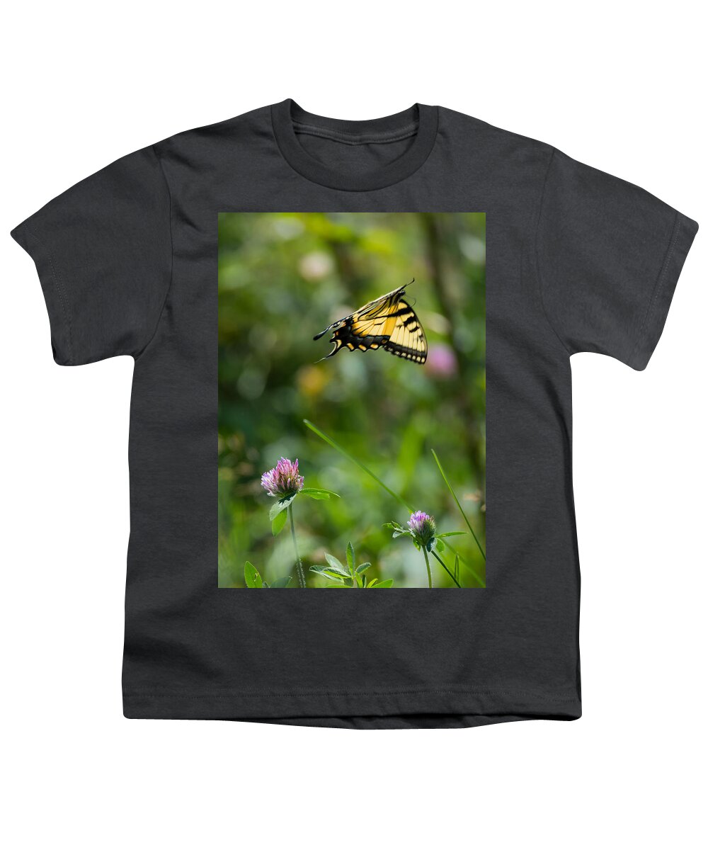 Tiger Swallowtail Butterfly In Flight Youth T-Shirt featuring the photograph Tiger Swallowtail Butterfly In Flight by Holden The Moment
