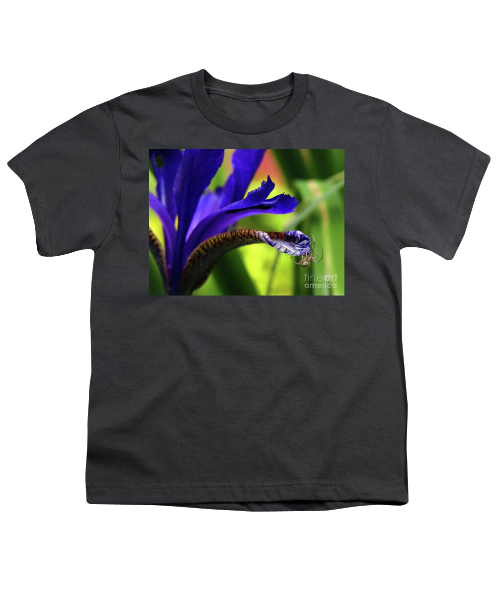 Spider Youth T-Shirt featuring the photograph Tiny Spider On Iris by Kim Tran