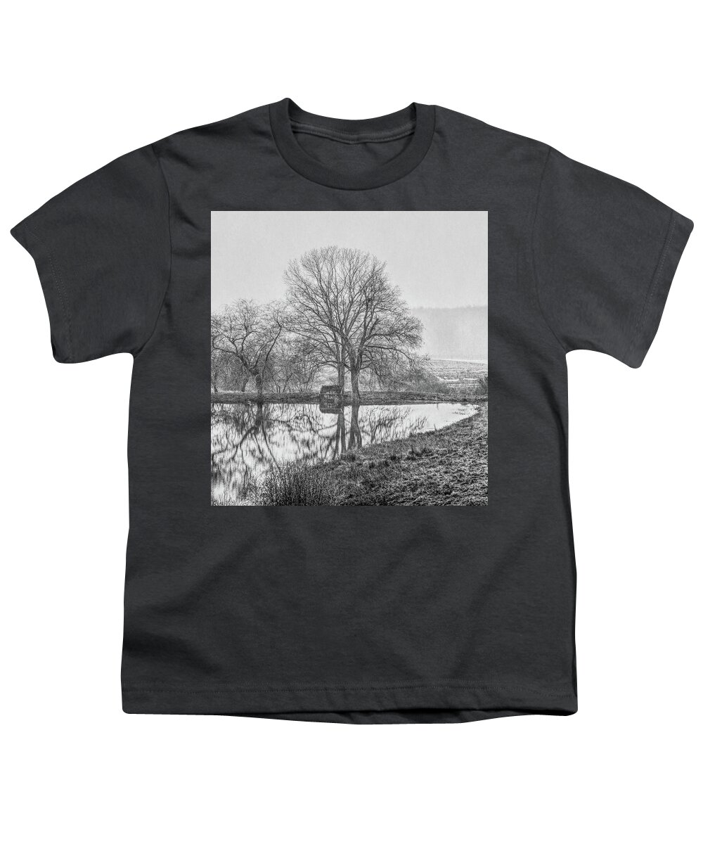 Black And White Youth T-Shirt featuring the photograph Trees in fog Kennebunk Maine by David Smith
