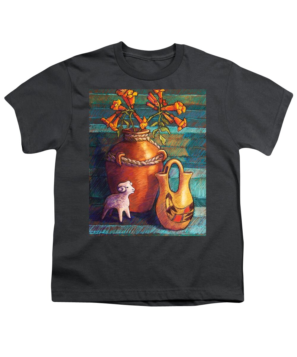 Still Life Youth T-Shirt featuring the pastel Trumpet Vines and Pottery by Candy Mayer