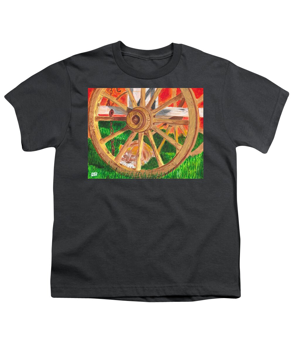 Cat Youth T-Shirt featuring the painting Under the wagon by David Bigelow