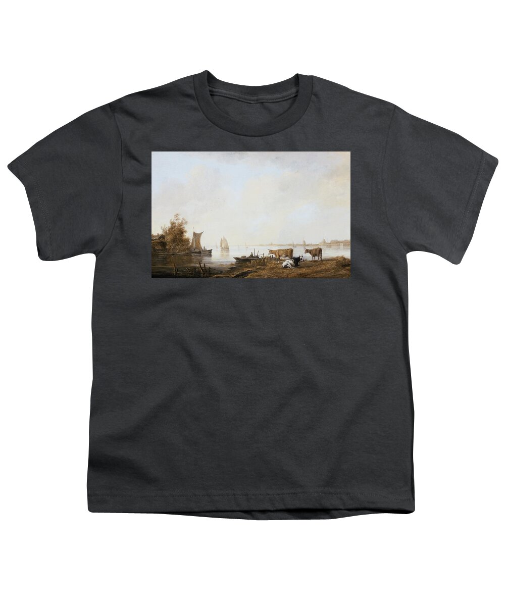View Of The Maas Near Dordrecht Youth T-Shirt featuring the painting View of the Maas near Dordrecht by MotionAge Designs
