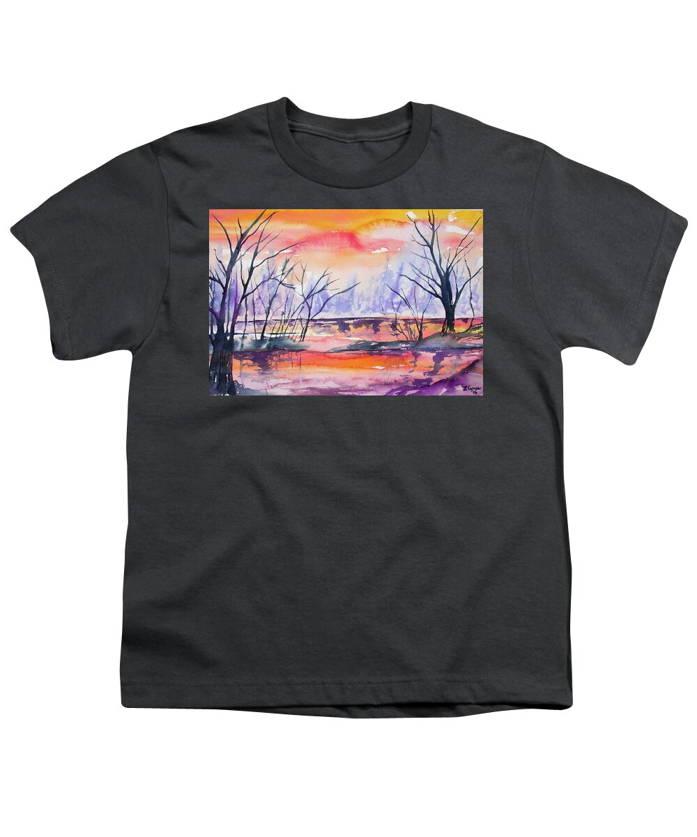 Pond Youth T-Shirt featuring the painting Watercolor - Sunrise at the Pond by Cascade Colors