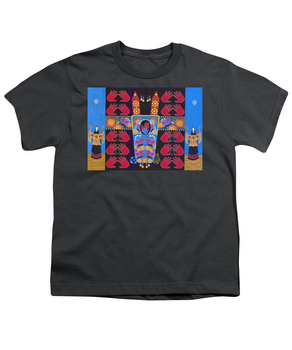 Native American Youth T-Shirt featuring the painting We Hold the Future by Chholing Taha