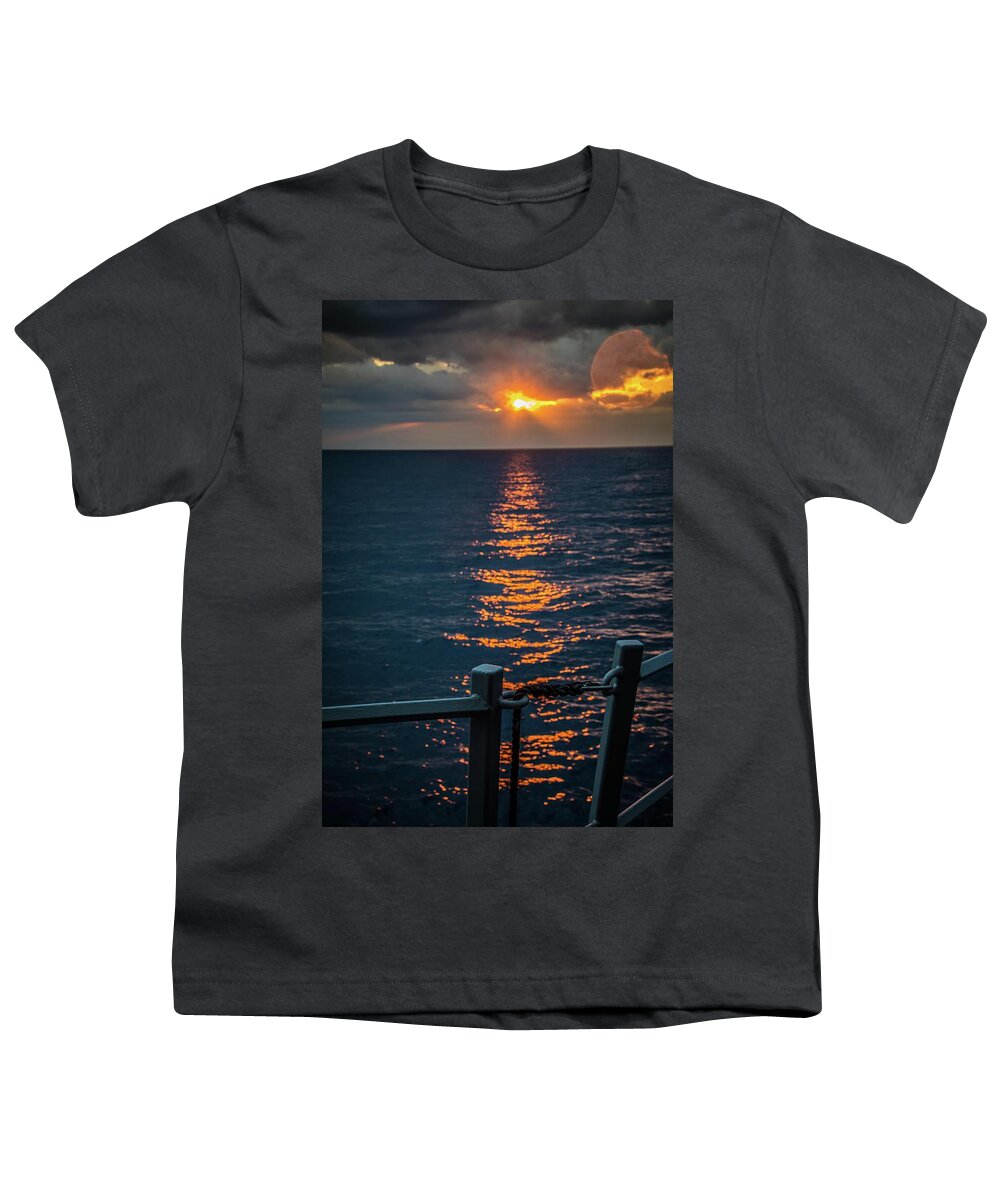 Navy Youth T-Shirt featuring the photograph Weather Deck Sunset by Larkin's Balcony Photography
