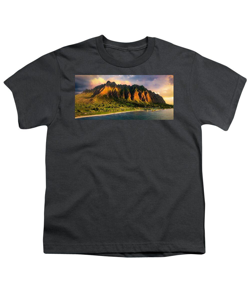 Kaneohe Hawaii Oahu Windward Side Sunrise Drone Mountain Clouds Youth T-Shirt featuring the photograph Windward morning by James Roemmling