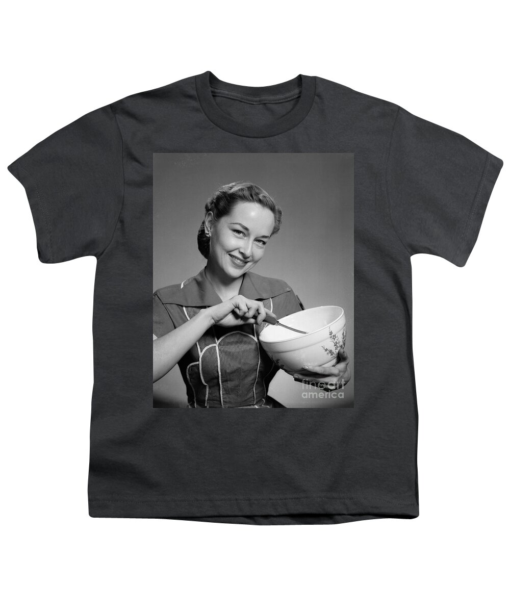1950s Youth T-Shirt featuring the photograph Woman Smiling With Mixing Bowl, C.1950s by H. Armstrong Roberts/ClassicStock