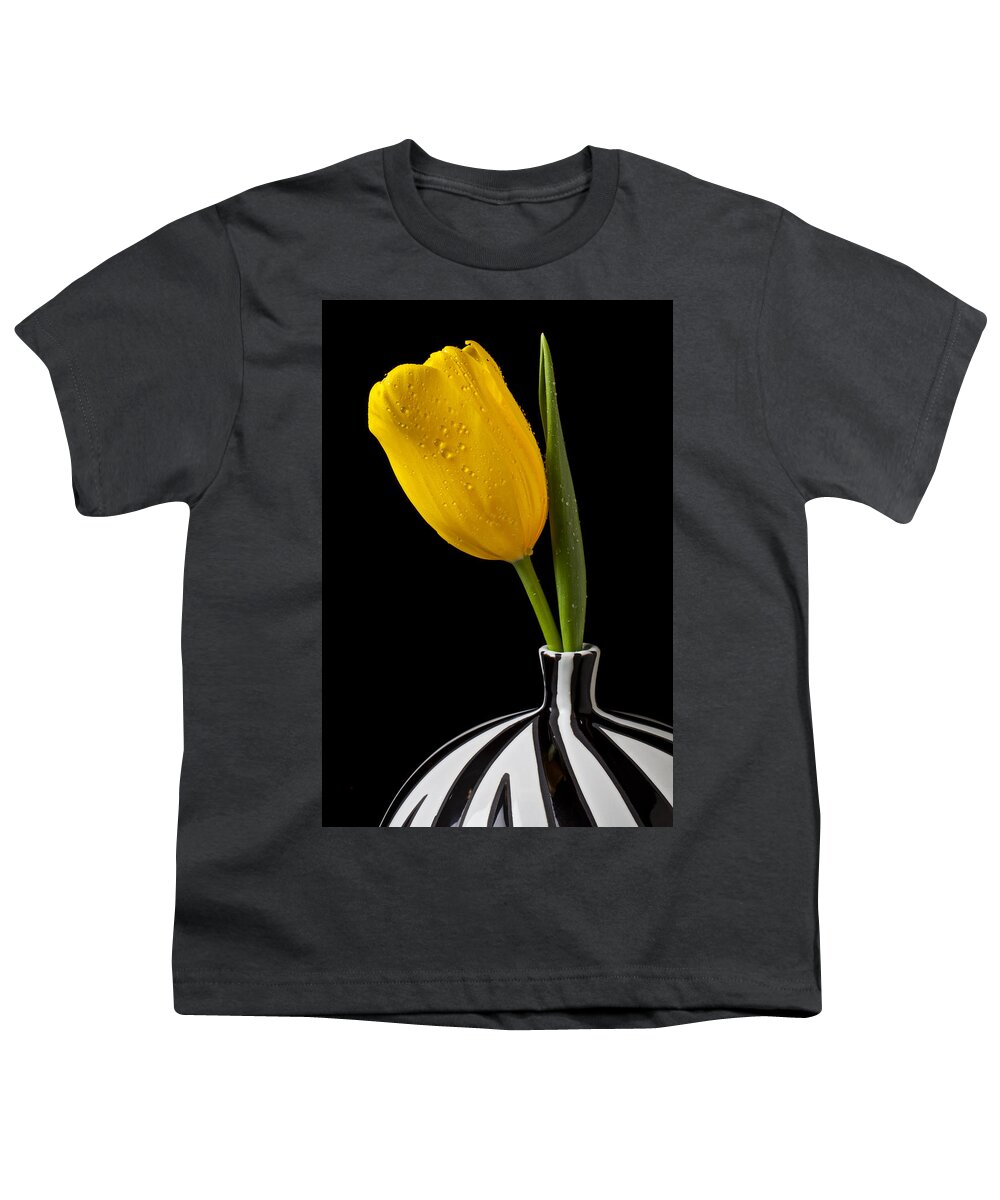 Yellow Youth T-Shirt featuring the photograph Yellow tulip in striped vase by Garry Gay