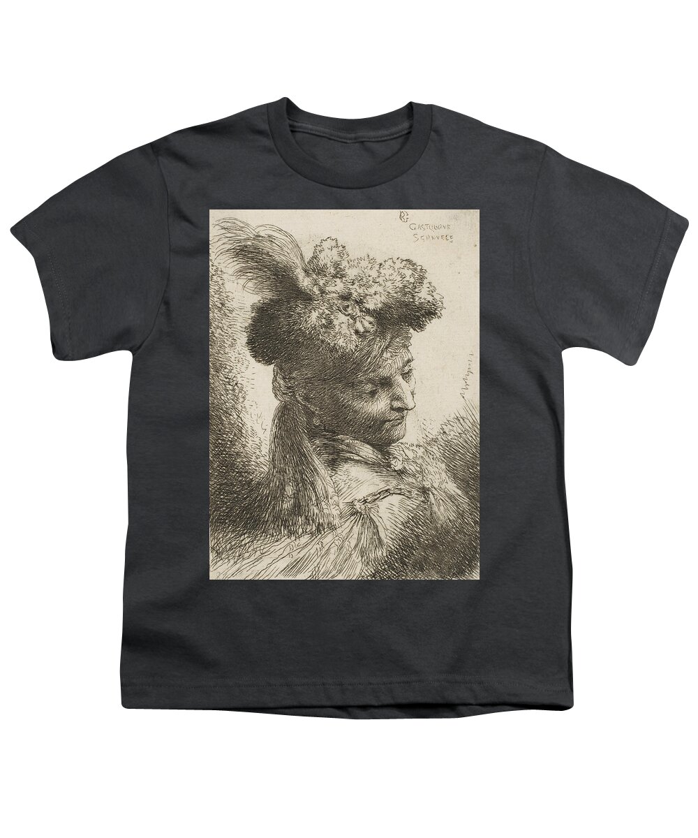 17th Century Art Youth T-Shirt featuring the relief Young man facing three quaters right wearing a fur headdress with a plume, jewel and a headband by Giovanni Benedetto Castiglione