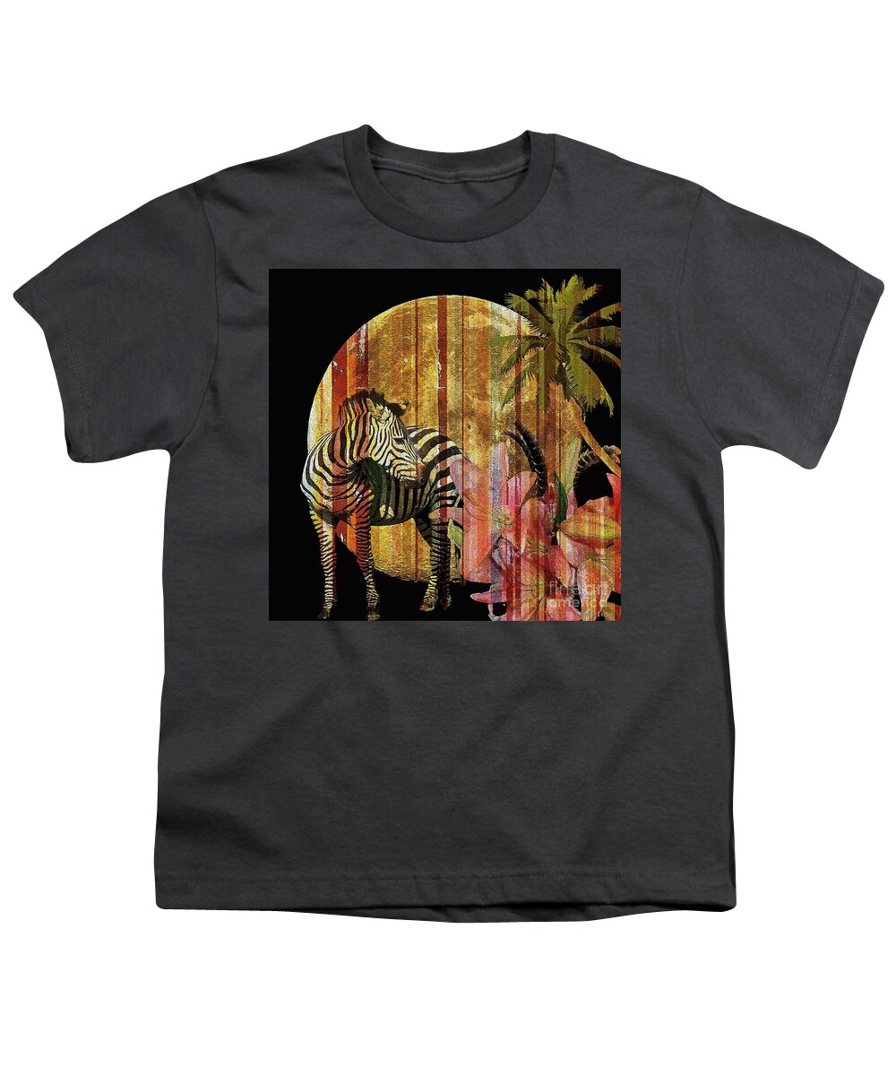 Zebra Youth T-Shirt featuring the painting Zebras Lilies and Moonlight by Saundra Myles