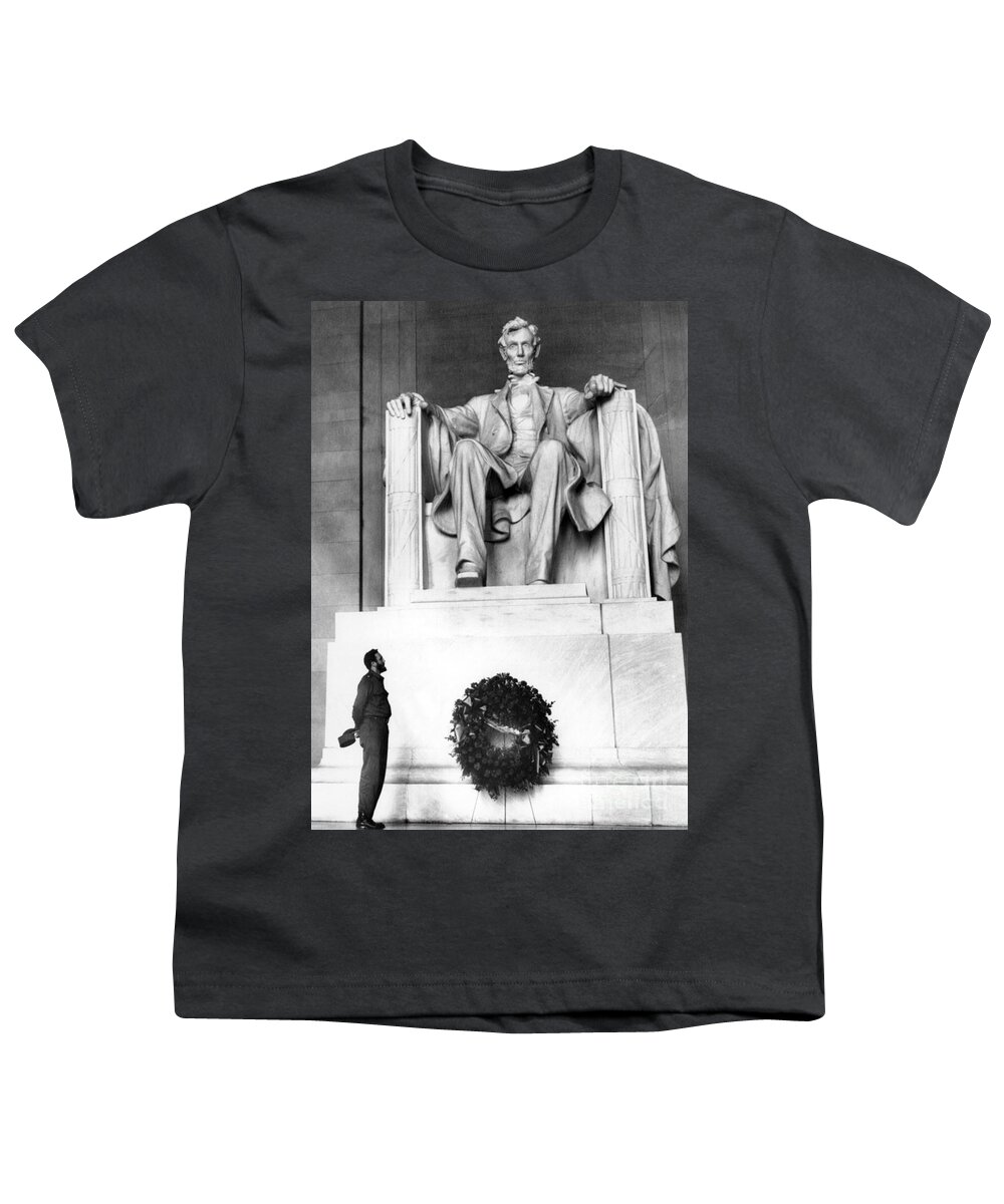 Castro Youth T-Shirt featuring the photograph Fidel Castro places a wreath at the Lincoln Memorial in Washington DC by American School