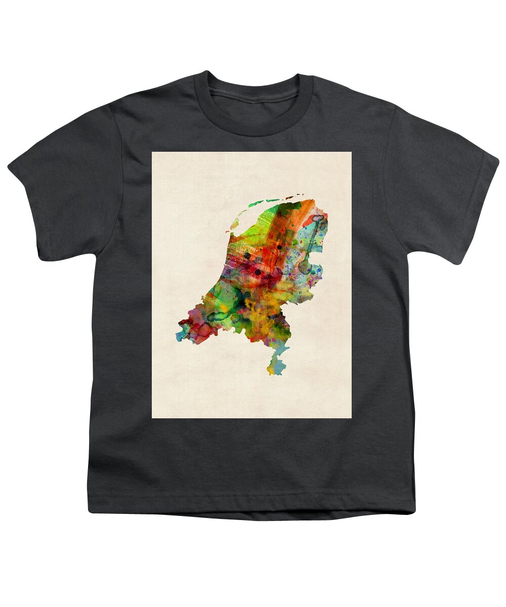 Netherlands Youth T-Shirt featuring the digital art Netherlands Watercolor Map #1 by Michael Tompsett