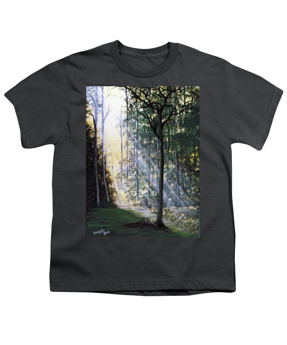 Forest Youth T-Shirt featuring the painting Shining Through #1 by Gloria E Barreto-Rodriguez