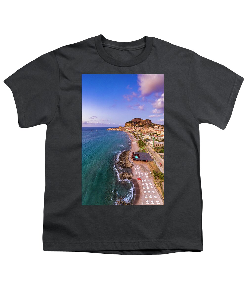 Estock Youth T-Shirt featuring the digital art Italy, Sicily, Palermo District, Mediterranean Sea, Tyrrhenian Sea, Cefalu, Cefalu Aerial View #3 by Antonino Bartuccio