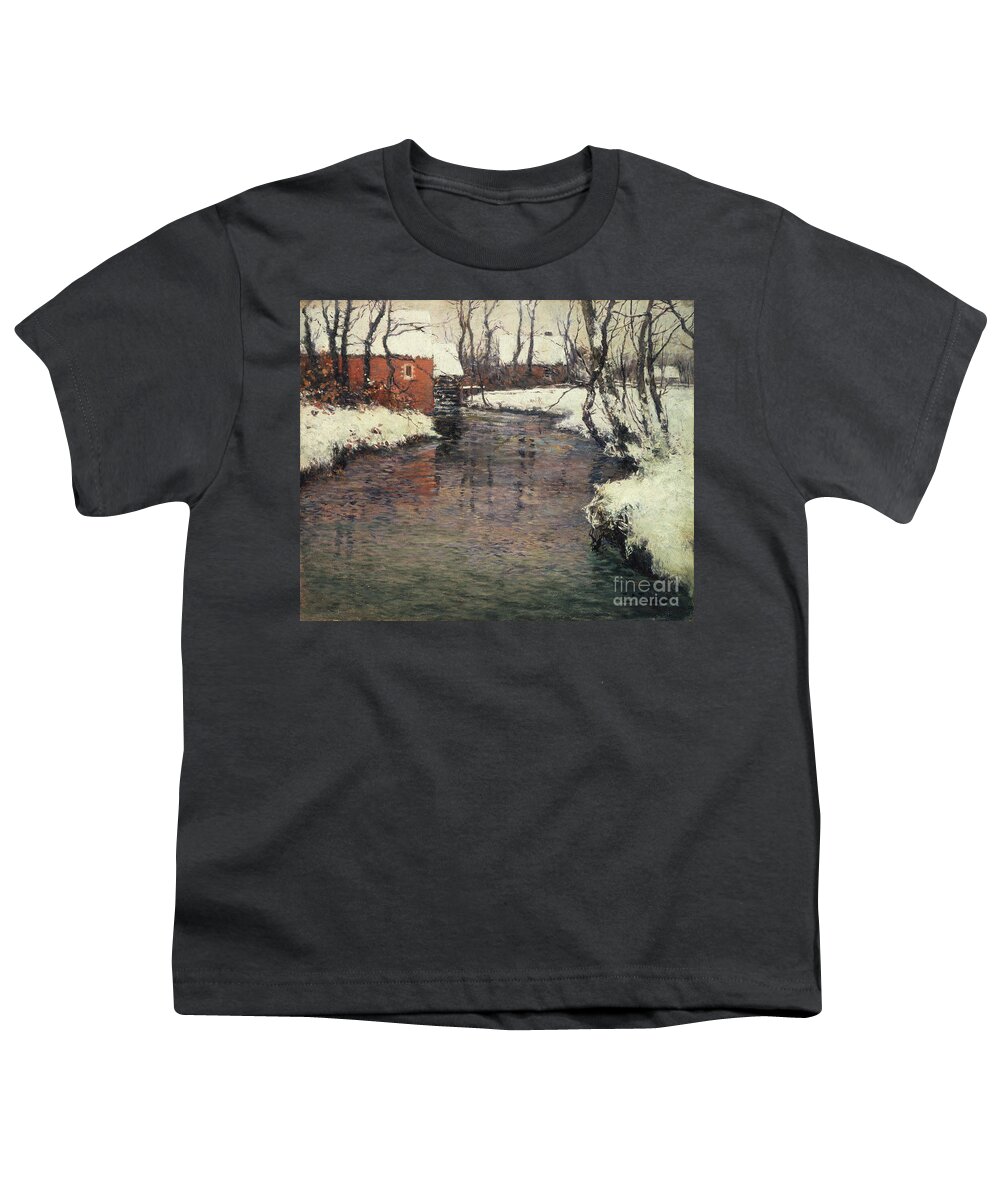 Winter Youth T-Shirt featuring the painting A Winter River Landscape by Fritz Thaulow