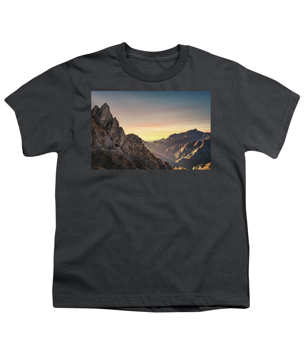 Marble Youth T-Shirt featuring the photograph Alpi Apuane mountains and marble quarry view. Carrara, Tuscany, by Stefano Orazzini