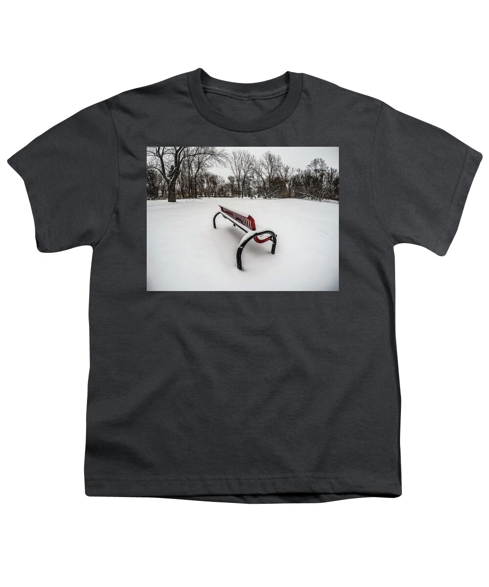 Rochester Youth T-Shirt featuring the digital art Bench in the Snow G0853398 by Michael Thomas