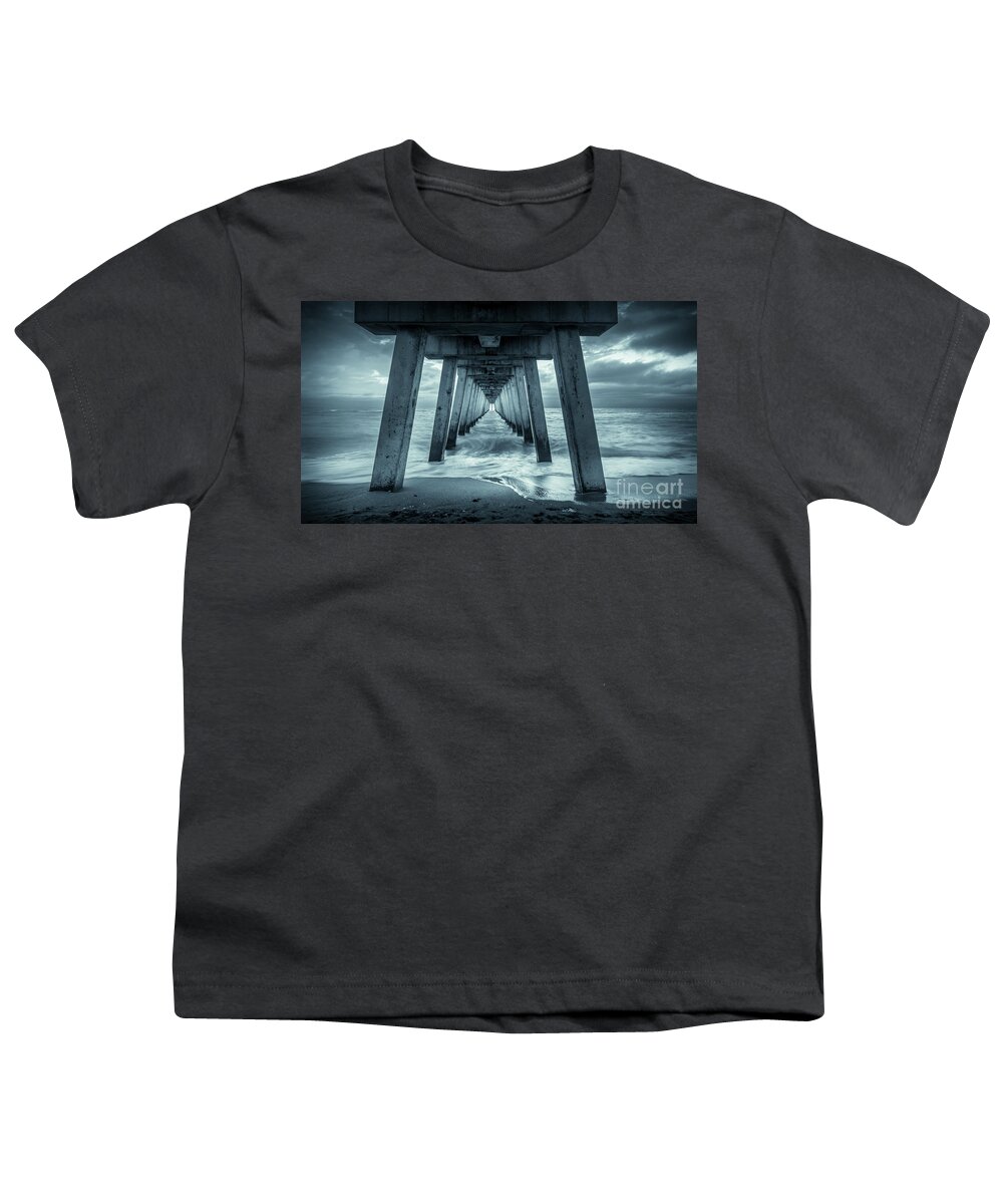 Black And White Youth T-Shirt featuring the photograph Blue Sunset at Venice Pier, Florida, Monochrome by Liesl Walsh