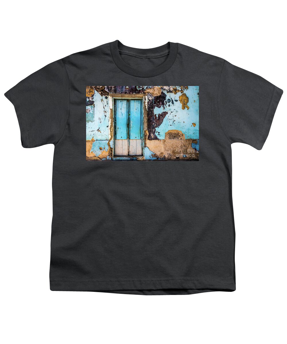 Wall Youth T-Shirt featuring the photograph Blue wall and door by Lyl Dil Creations