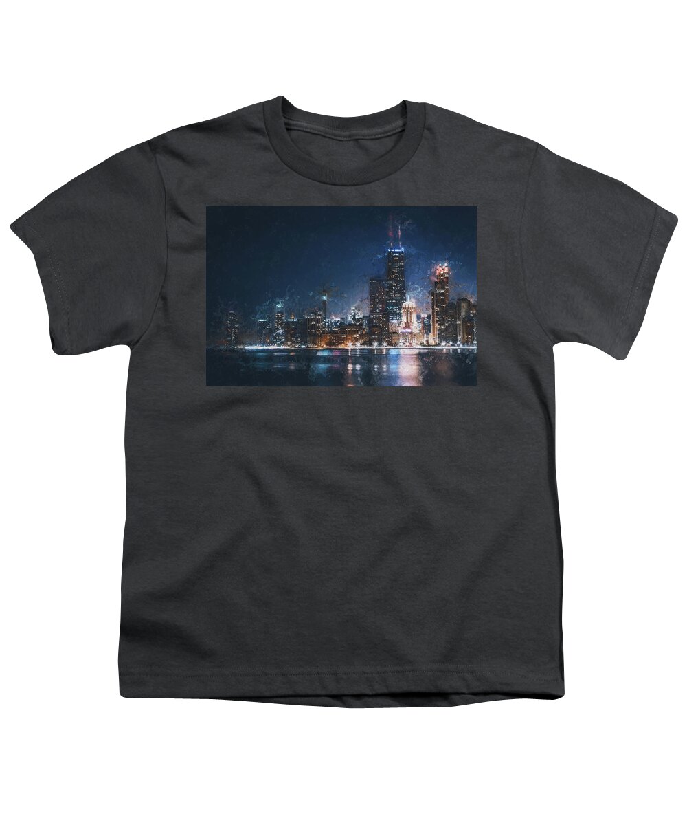 Chicago Youth T-Shirt featuring the painting Chicago Panorama - 14 by AM FineArtPrints