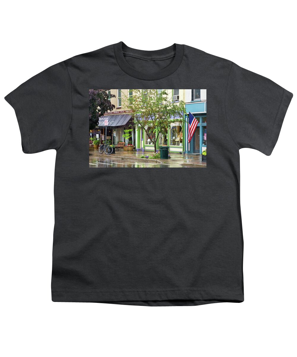 Oqewgo Youth T-Shirt featuring the photograph City - Owego NY - On a rainy day by Mike Savad