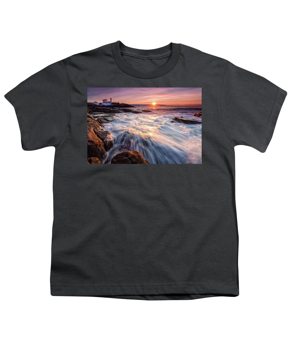 Amazing New England Youth T-Shirt featuring the photograph Crashing Waves at Sunrise, Nubble Light. by Jeff Sinon