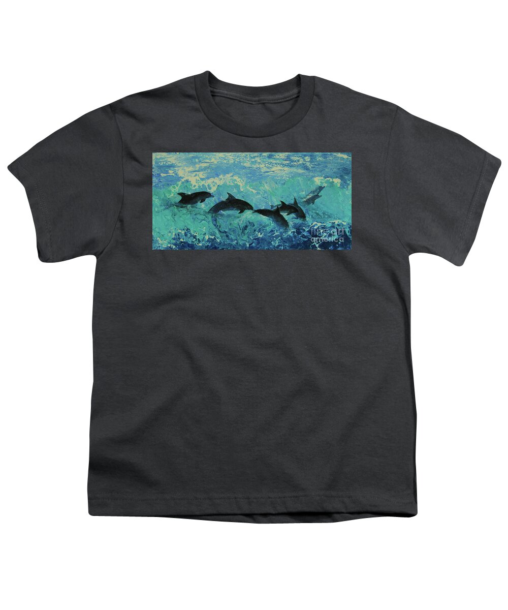 Painting Youth T-Shirt featuring the painting Dolphins Surf by Jeanette French