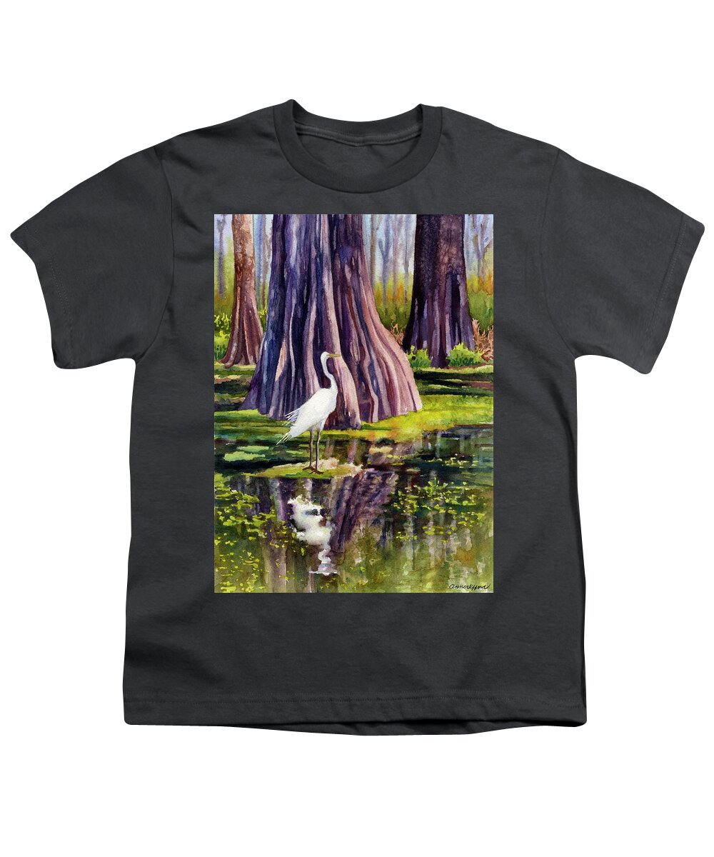 Egret Painting Youth T-Shirt featuring the painting Down in the Swamplands by Anne Gifford
