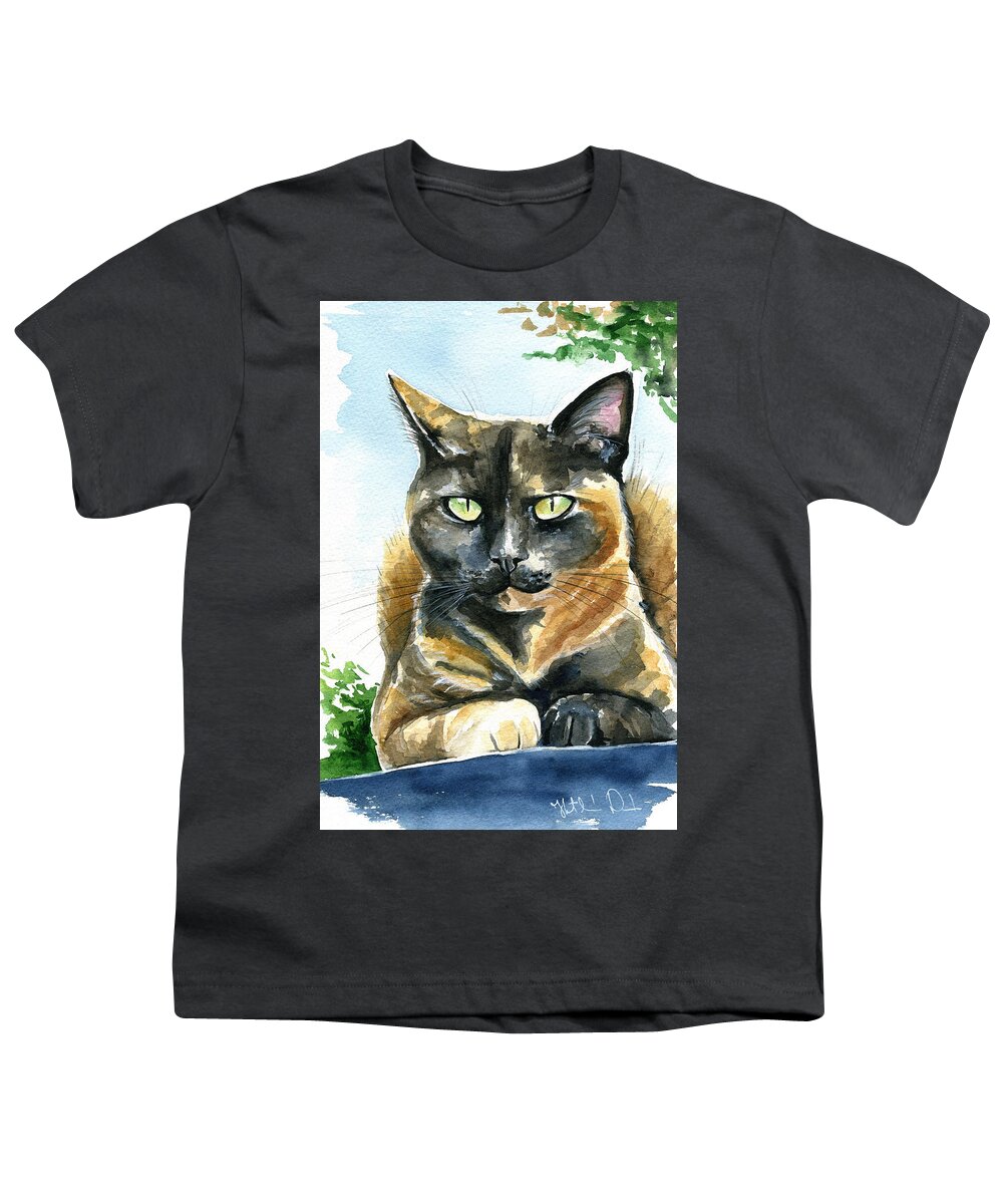 Cat Youth T-Shirt featuring the painting Emmy Tortoiseshell Cat Painting by Dora Hathazi Mendes