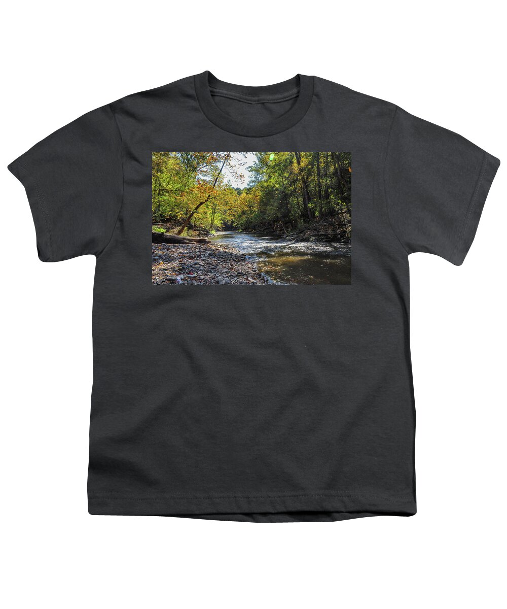 Falling Youth T-Shirt featuring the photograph Falling Leaves - Wissahickon Creek by Bill Cannon