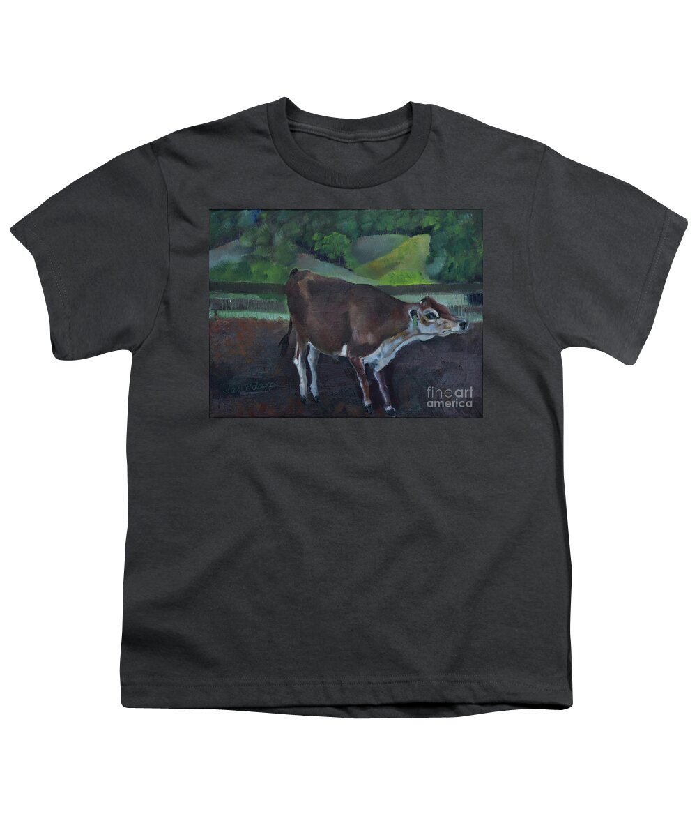 Baby Calf Youth T-Shirt featuring the painting Franks Cow - Mountain Valley Farms by Jan Dappen