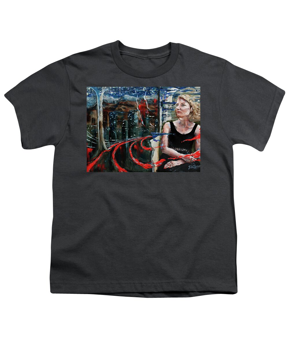 Portrait Youth T-Shirt featuring the painting Girl on the Light Rail by Carlos Flores