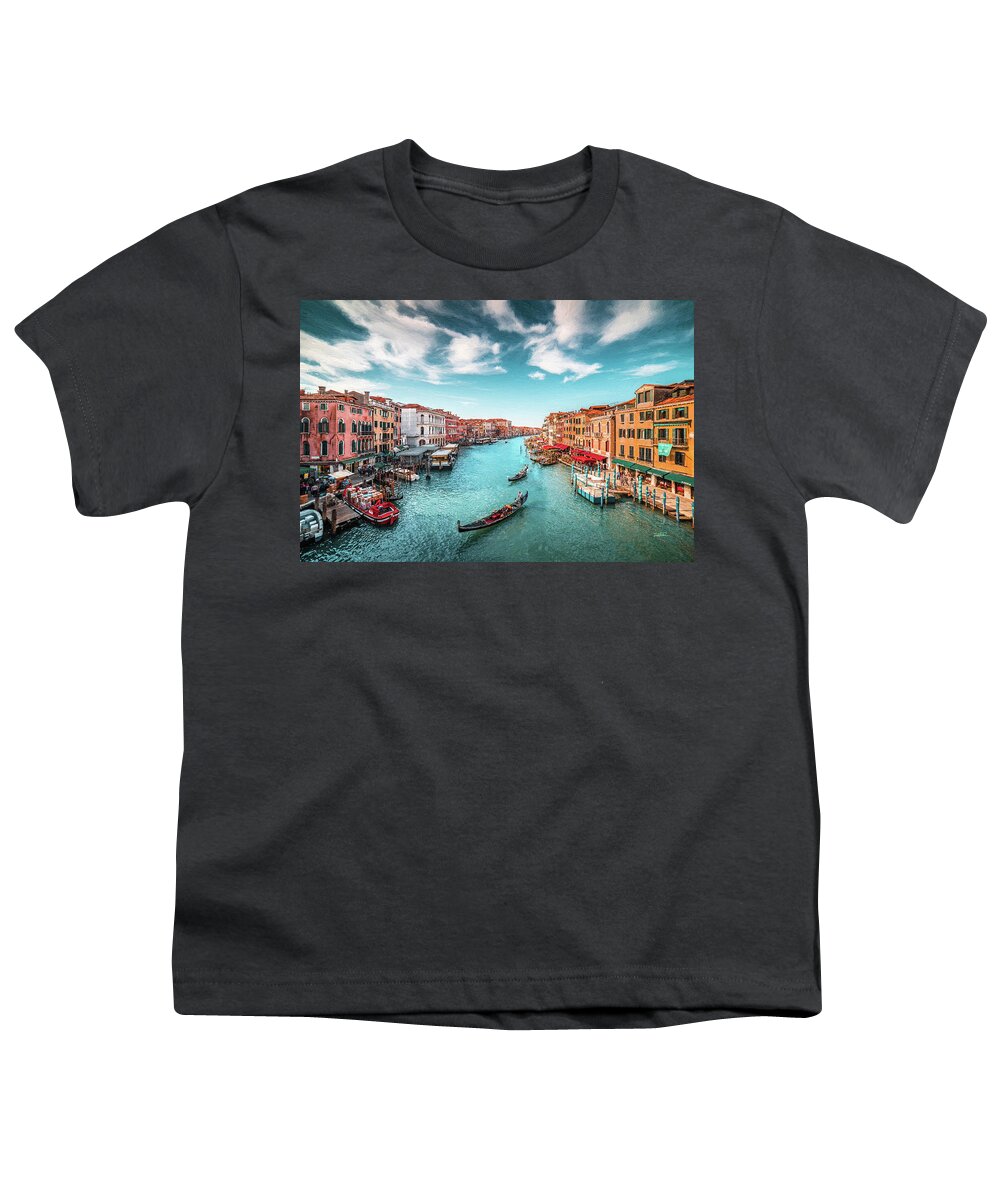 Landscape Youth T-Shirt featuring the painting Grand Canal Venice with Gondolas by Dean Wittle