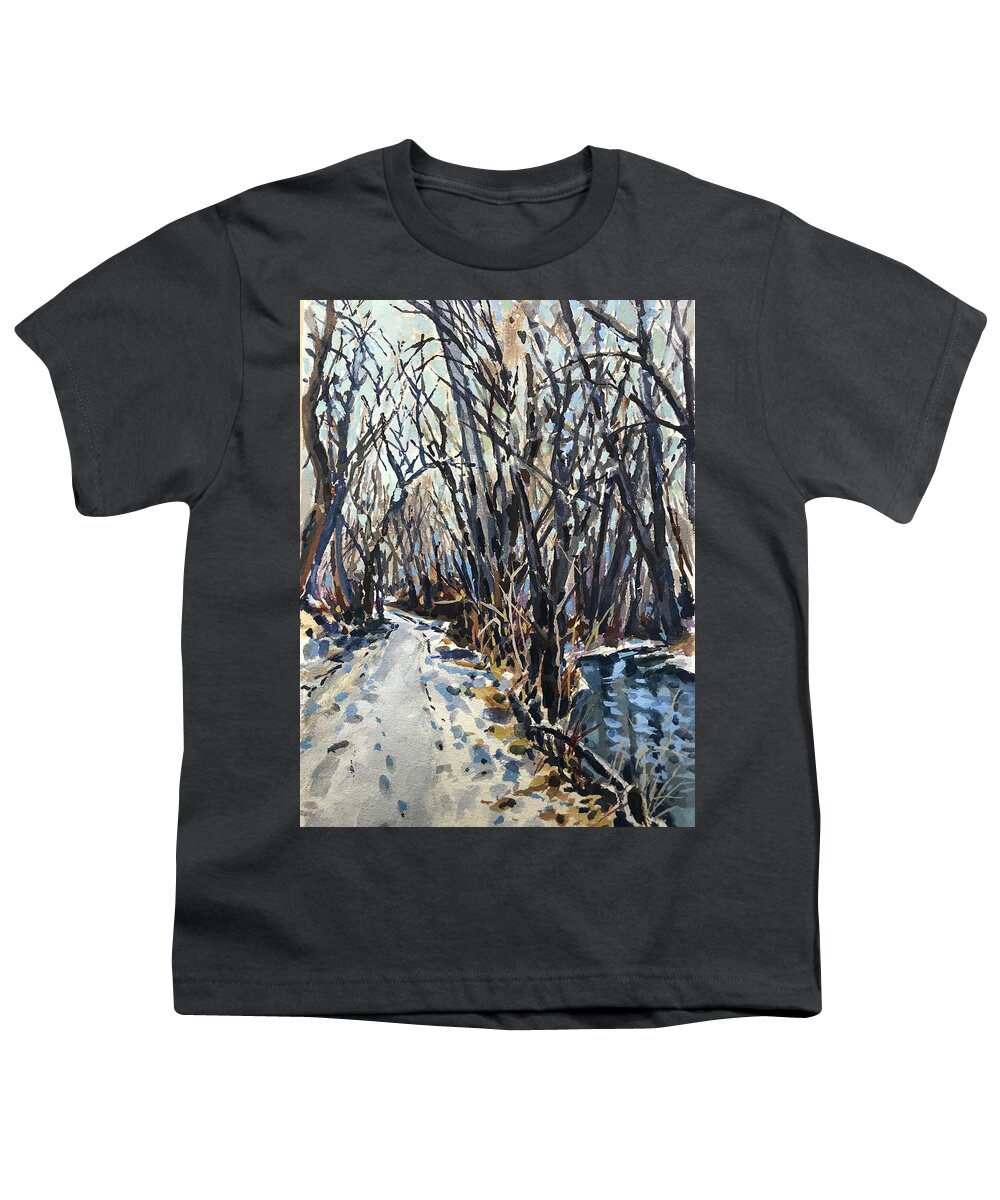 Snow Greenbelt Youth T-Shirt featuring the painting Greenbelt Snow study by Les Herman