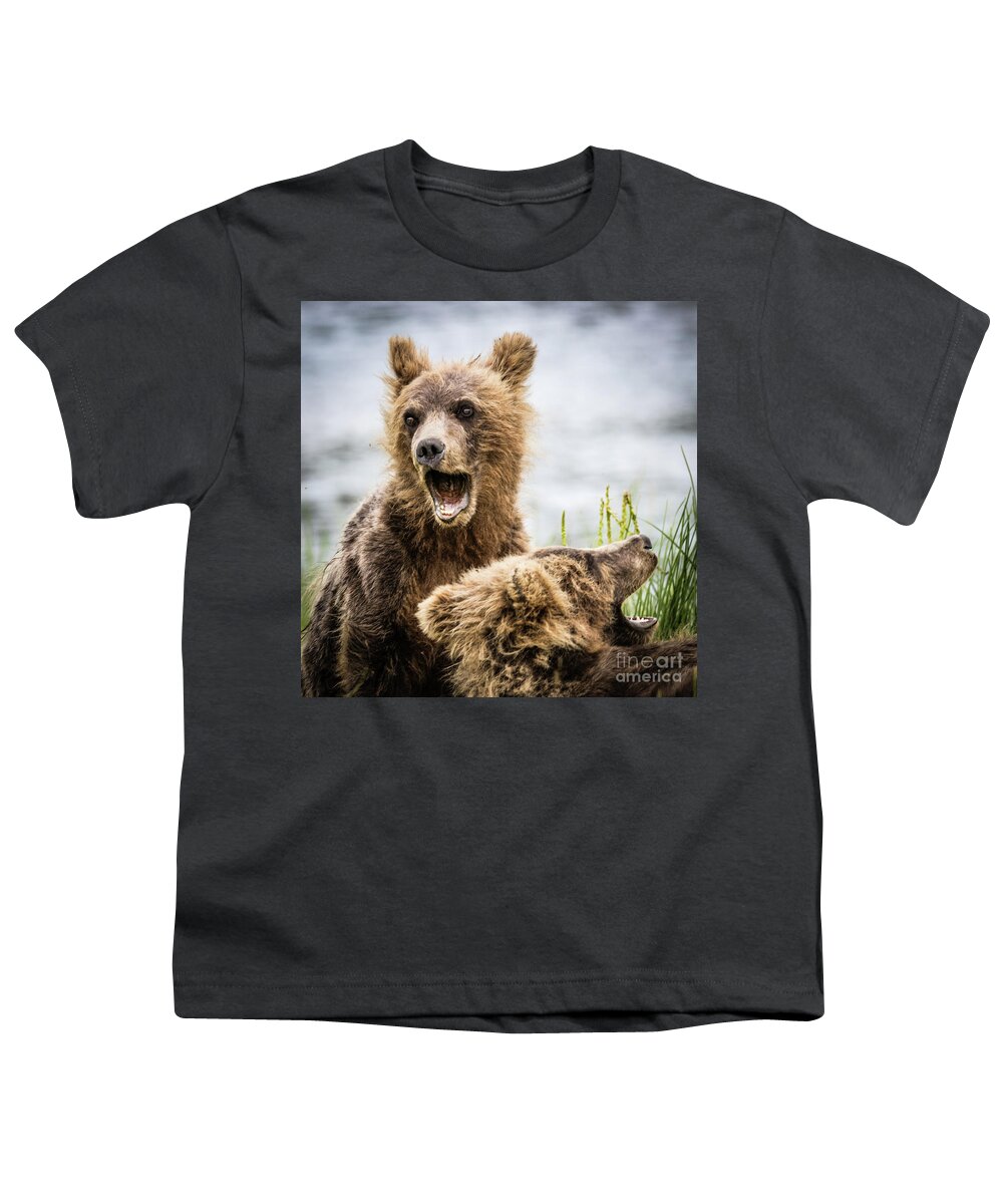 Grizzly Youth T-Shirt featuring the photograph Grizzly cubs looking for their mum by Lyl Dil Creations