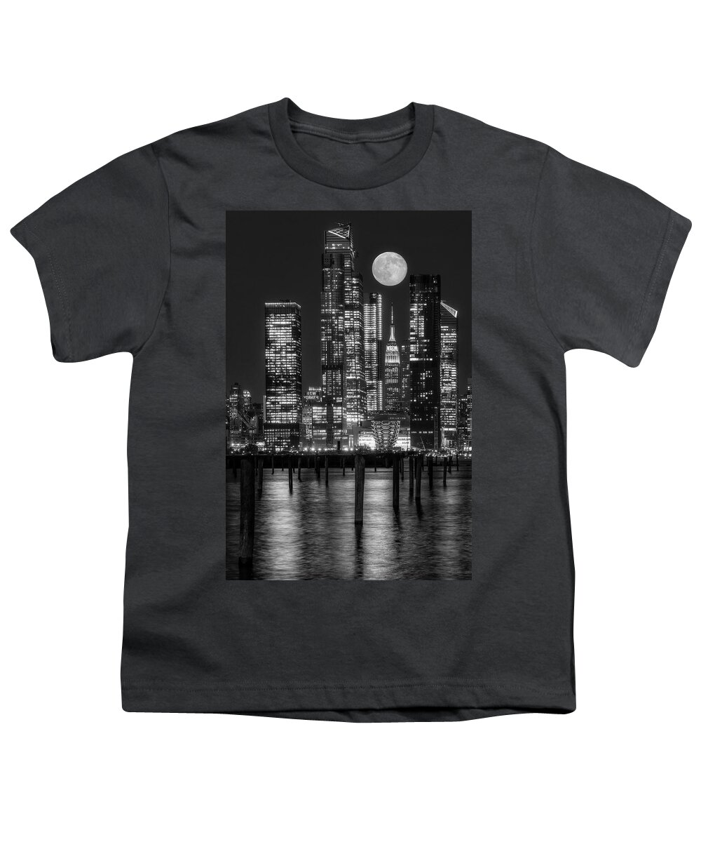 Nyc Skyline Youth T-Shirt featuring the photograph Hudson Yards NYC And Full Moon BW by Susan Candelario