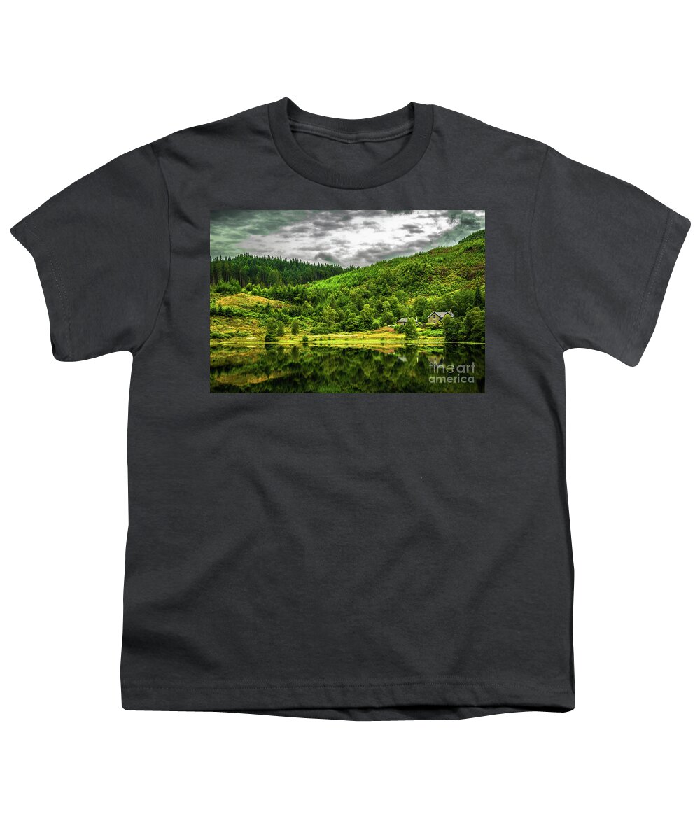 Abandoned Youth T-Shirt featuring the photograph Lonesome House At Calm And Smooth Lake In Scotland by Andreas Berthold