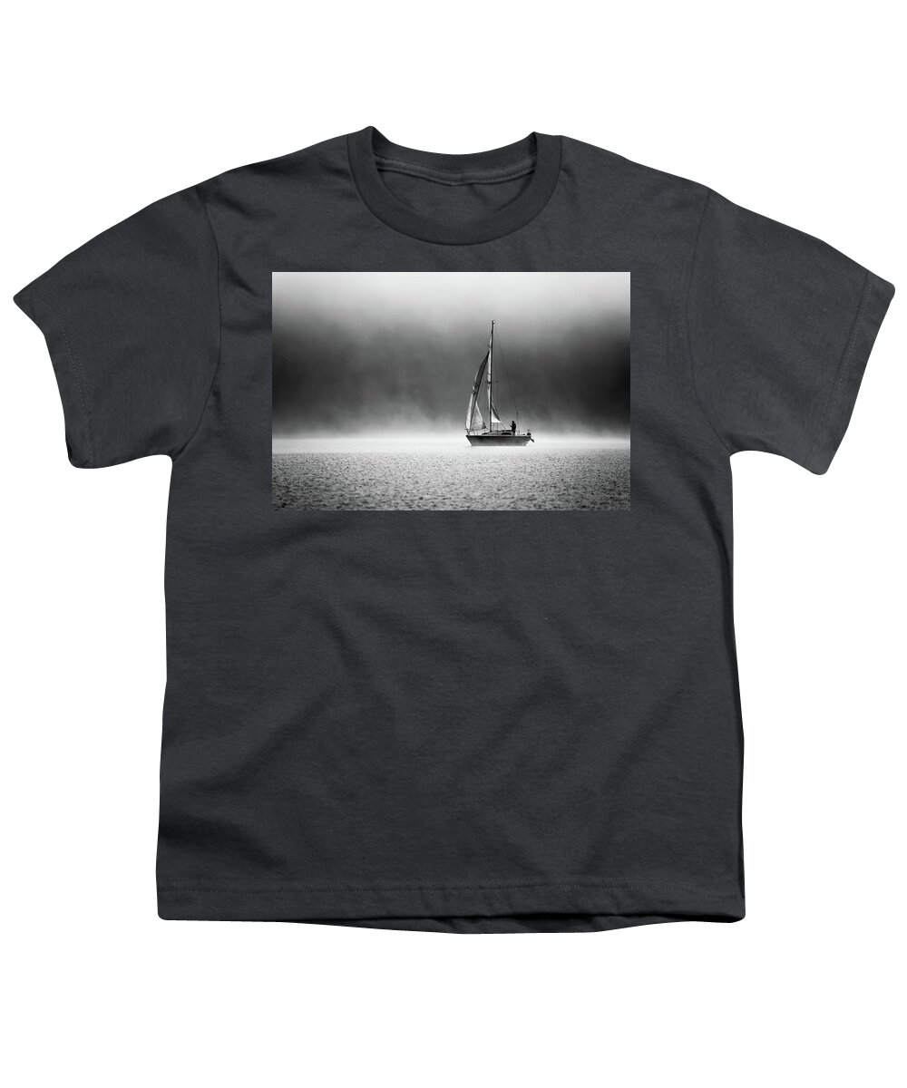 Mist Youth T-Shirt featuring the photograph Mist rising and sail boat, Coniston Water by Anita Nicholson