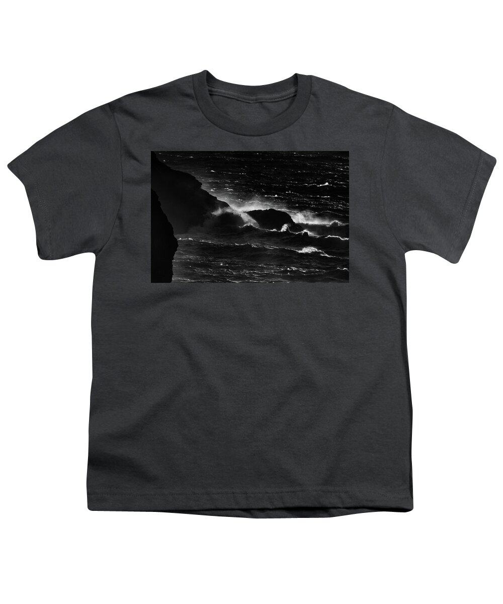 Waves Youth T-Shirt featuring the photograph Monochrome Cornish Waves by Mark Hunter