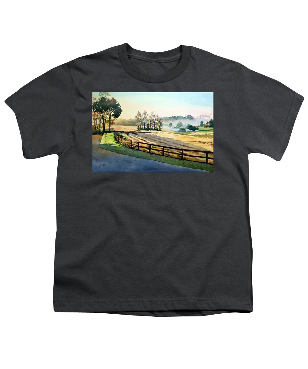 #landscape #watercolor #painting #farm #farmlife #watercolorpainting #morning #country #rural Youth T-Shirt featuring the painting Morning Fog Rolls Away by Mick Williams