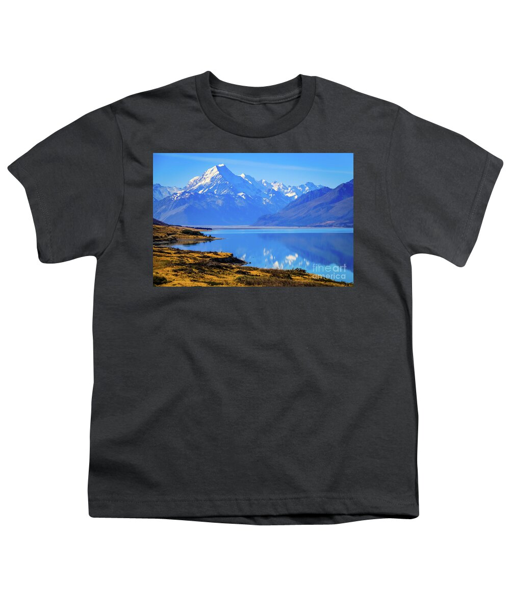 Mountain Youth T-Shirt featuring the photograph Mount Cook overlooking Lake Pukaki, New Zealand by Lyl Dil Creations