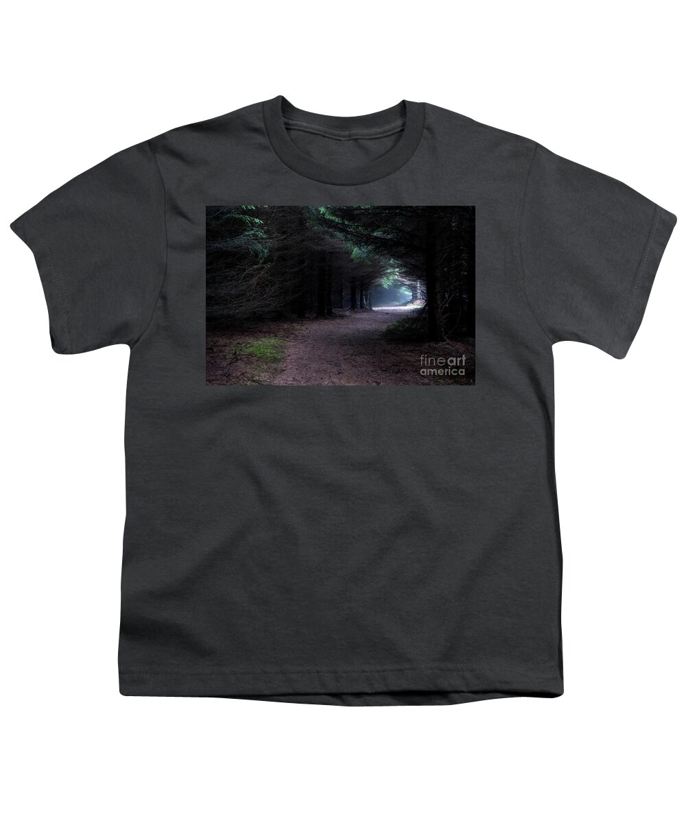 Wood Youth T-Shirt featuring the photograph Narrow Path Through Foggy Mysterious Forest by Andreas Berthold