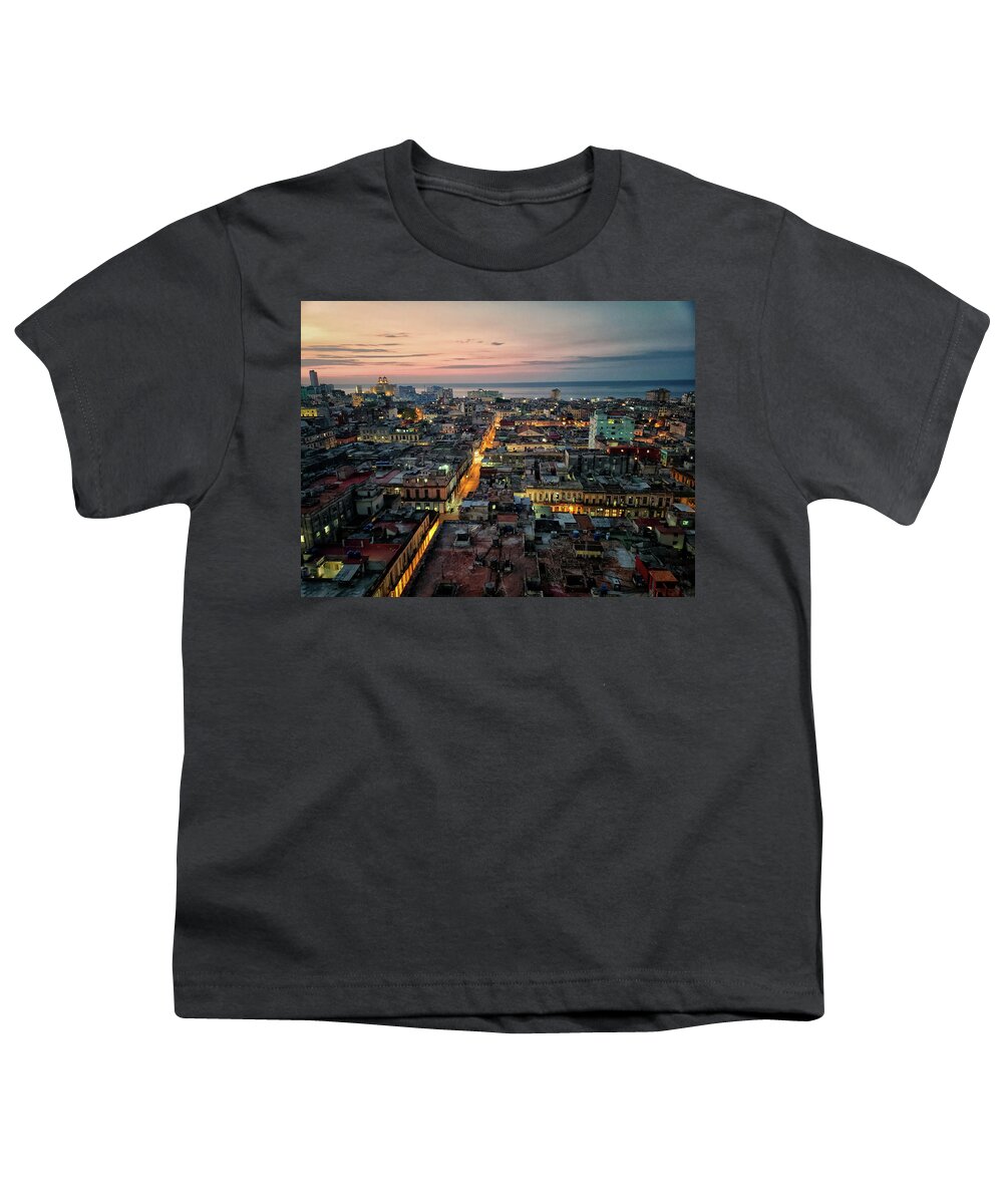 Old Havana Youth T-Shirt featuring the photograph Night over Old Havana by Elin Skov Vaeth