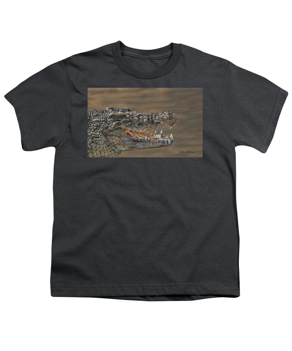 Crocodile Youth T-Shirt featuring the painting Nile Crocodile by Kathie Miller