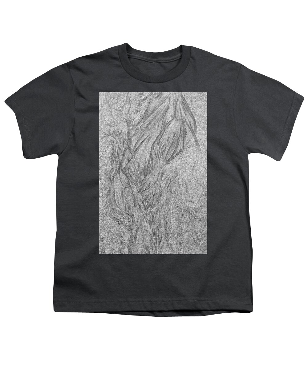 Abstract Youth T-Shirt featuring the photograph Patterns left by the receding water in the sand of a beach - monochrome by Intensivelight