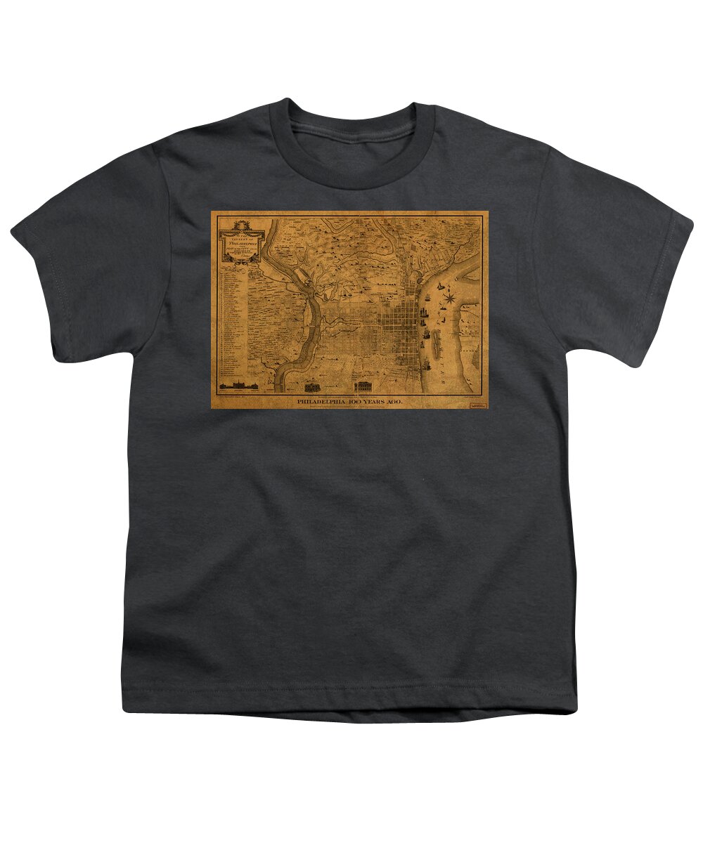 Philadelphia Youth T-Shirt featuring the mixed media Philadelphia Pennsylvania Vintage City Street Map 1875 by Design Turnpike