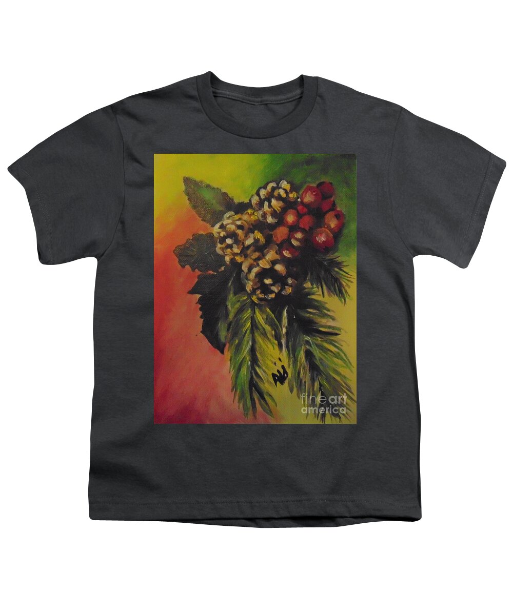 Christmas Youth T-Shirt featuring the painting Pine Cones and Berries by Saundra Johnson