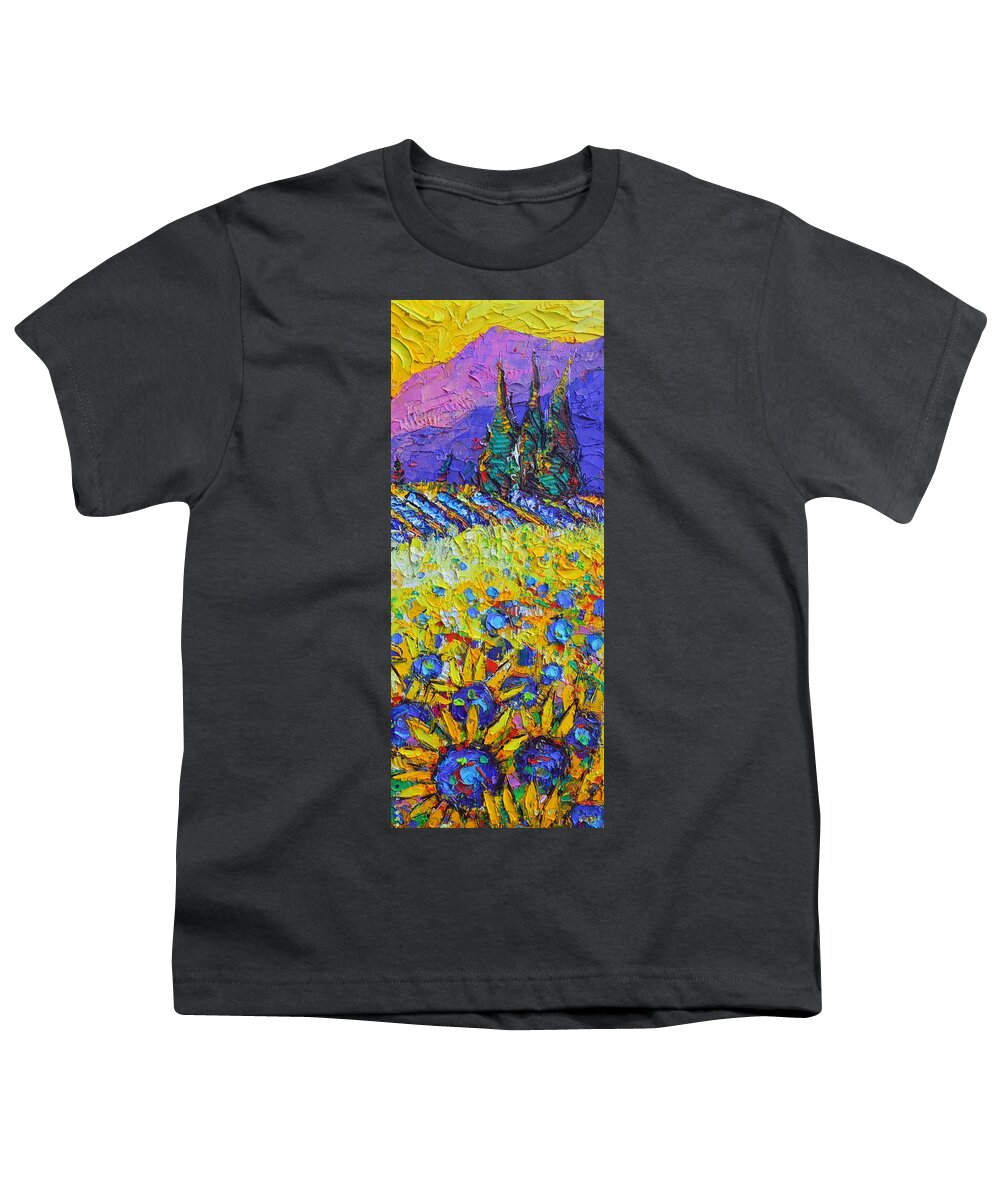 Provence Youth T-Shirt featuring the painting PROVENCE SUNFLOWERS textural impasto palette knife painting abstract landscape by Ana Maria Edulescu by Ana Maria Edulescu