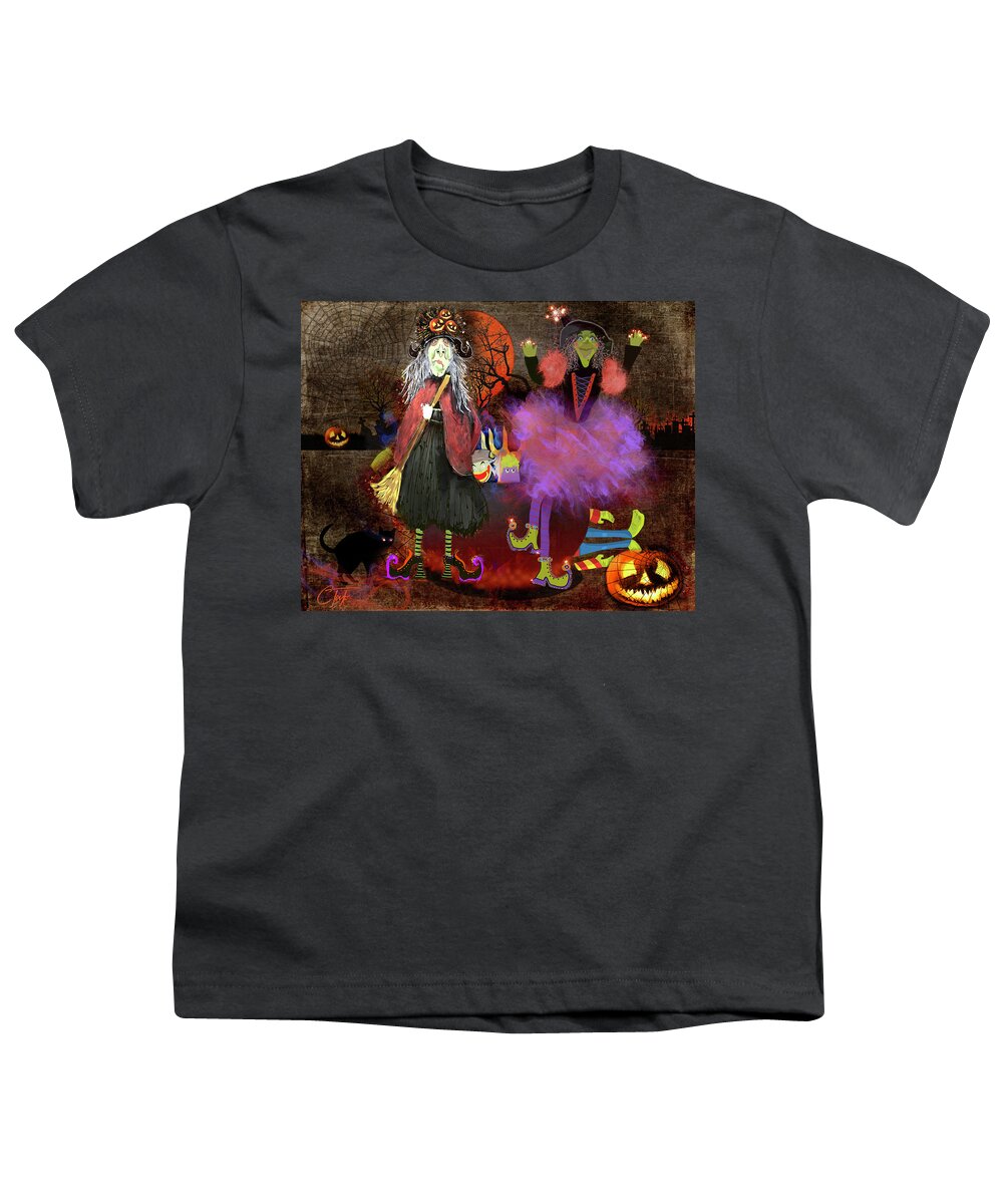 Halloween Youth T-Shirt featuring the mixed media Pumkinella and Flufnella by Colleen Taylor