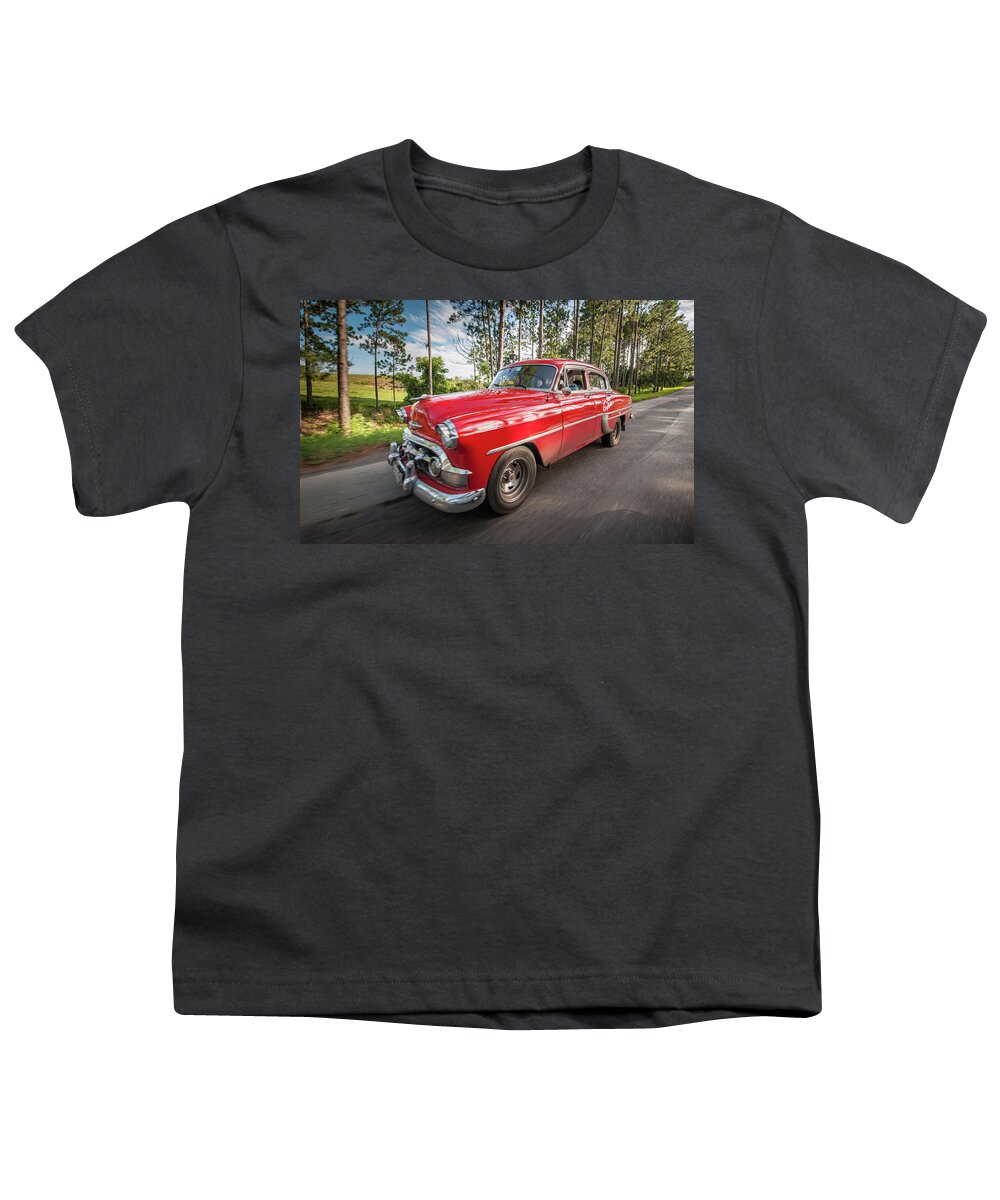 Cuba Youth T-Shirt featuring the photograph Red Classic Cuban Car by Mark Duehmig
